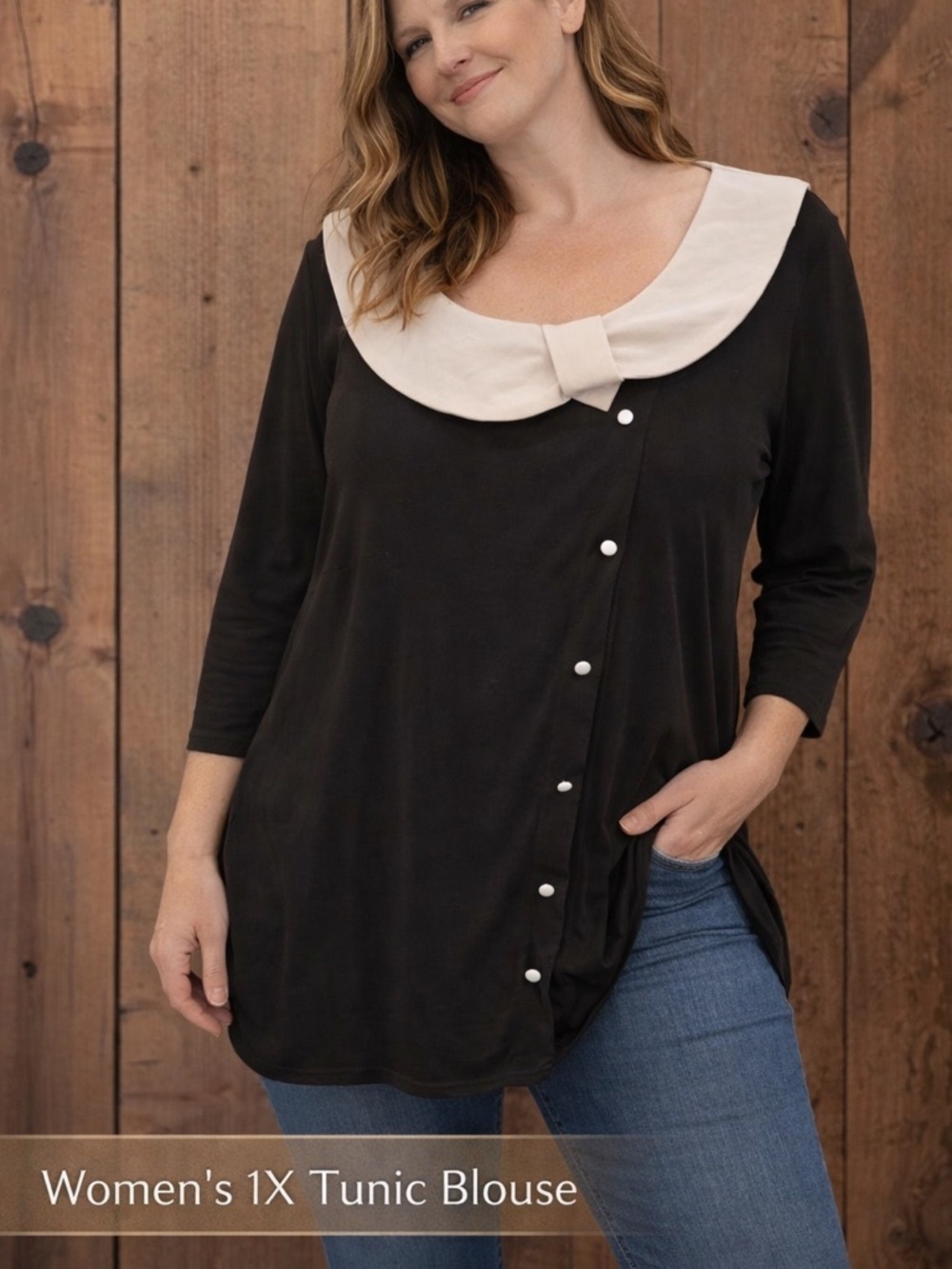 Black Tunic blouse Top with Wide Cream Sailor Collar 1X
